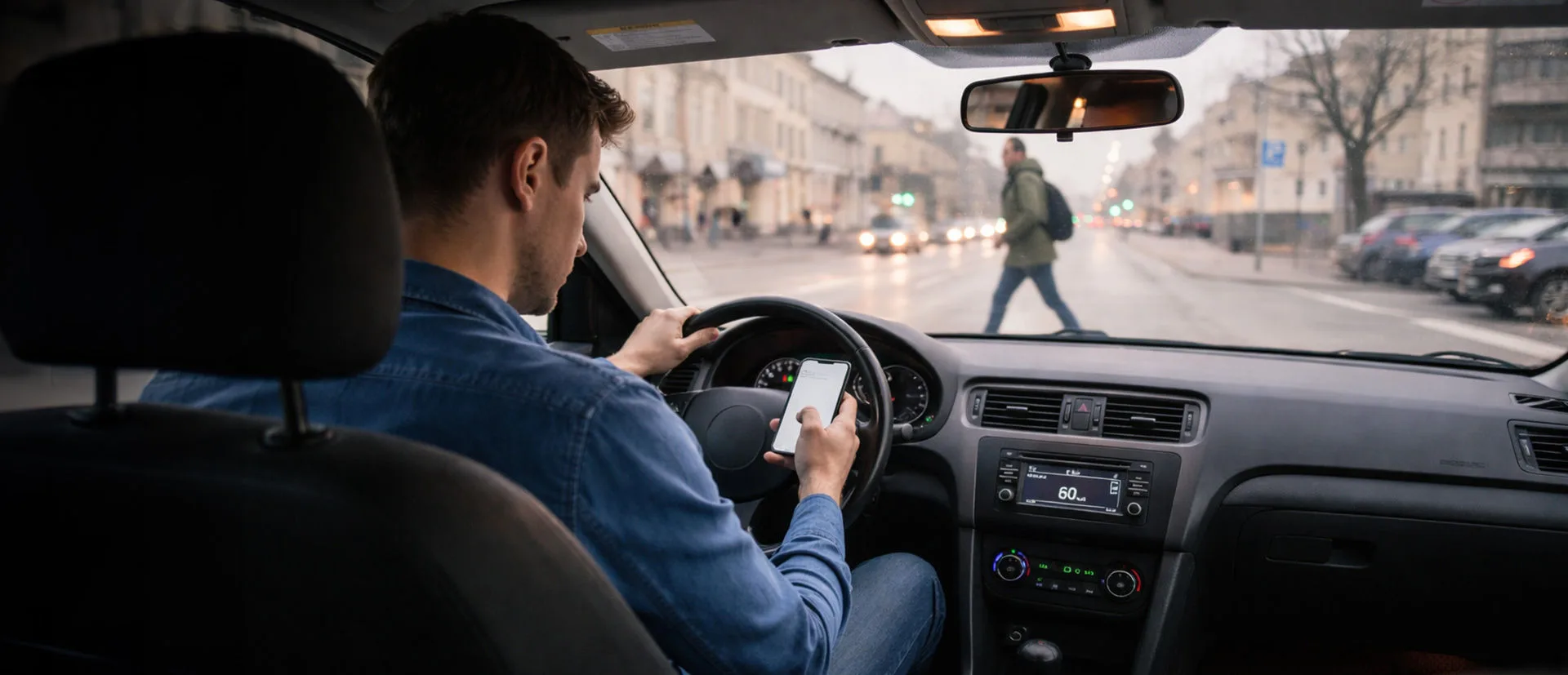 Mann mit Handy am Steuer